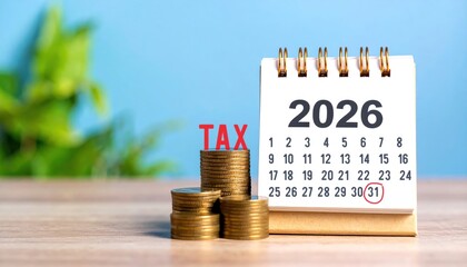 Calendar displaying tax preparation for the year 2026 with coins stacked on a wooden table against a blue background, symbolizing financial planning and taxes