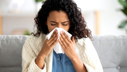 Young woman sitting on a couch, feeling unwell, blowing her nose with tissue, showing symptoms of a cold, demonstrating emotional discomfort and fatigue