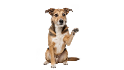 Playful puppy raising paw, isolated on transparent background
