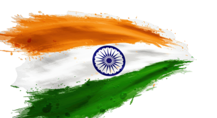 Stylized watercolor of Indian flag, saffron, white, green, glowing golden Ashoka Chakra, dynamically waving on transparent background, copy space, concept of Indian patriotism