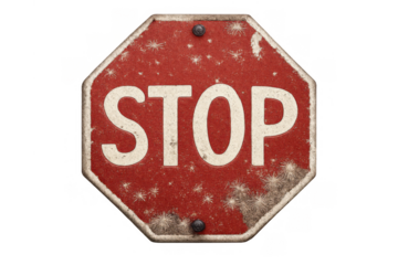 Worn red stop road sign with white text, showing rust and weathering, for traffic safety and caution concept