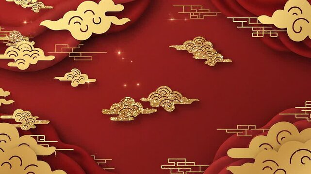 Golden clouds on a red background, symbolizing good fortune and auspicious beginnings, evoking a sense of festivity and celebration