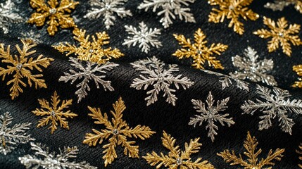 Close-up of black fabric embellished with silver and gold snowflakes