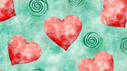 Watercolor hearts and swirls on teal background