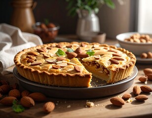 Delicious almond tart on a wooden table with nuts and garnish