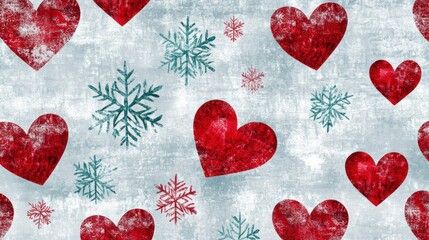 Red hearts and teal snowflakes on a textured light gray background