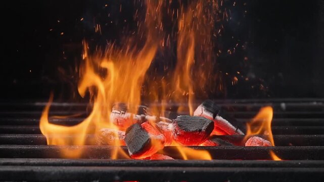 Close-up of glowing charcoal briquettes igniting with vibrant orange flames on a grill.