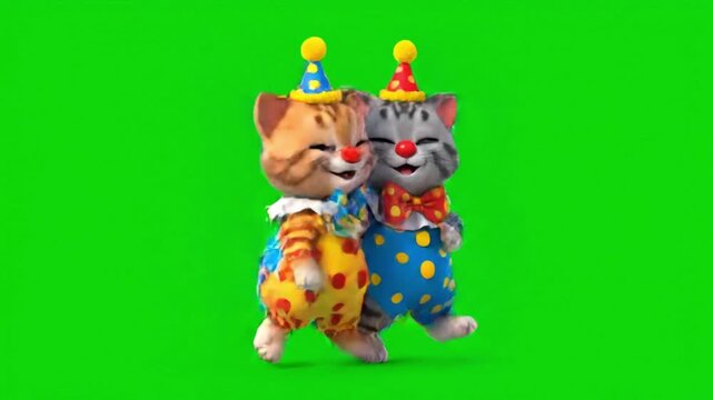 Two cheerful animated cat characters dancing together in front of a bright green screen wearing playful clown costumes cute cartoon style smooth motion high quality lighting clean edges joyful perform