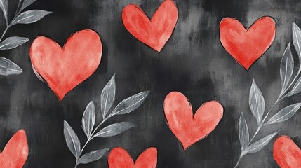 Watercolor hearts and leaves on dark background