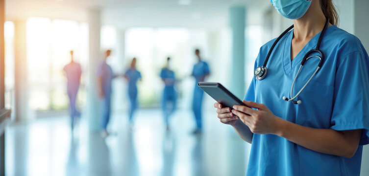 Nurse in blue scrubs, mask holds tablet device in hospital hallway. Medical staff walk in background. Focus on tech in healthcare. Health care professionals use digital tools for patient care, record - Powered by Adobe