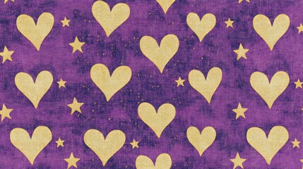 Gold hearts and stars on a textured purple background