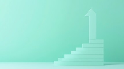 Light mint green steps form a spiral staircase leading upward, culminating in a white arrow, against a mint green background