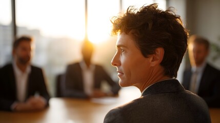 Focused businessman in a sunlit meeting with blurred colleagues in a modern office