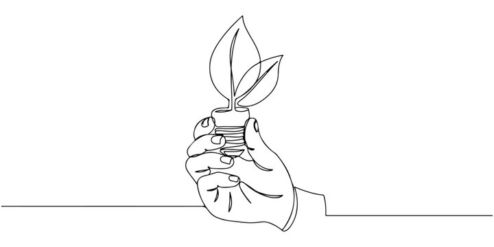 Continuous one line drawing of a hand holding a leaf-shaped energy-saving lamp, depicting energy efficiency and environmental awareness, line art style vector illustration.