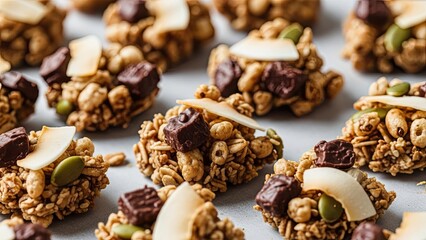 Homemade Granola Bites with Nuts and Chocolate.