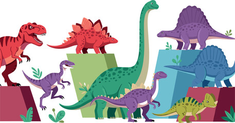 Colorful dinosaur vector set featuring Tyrannosaurus Rex Brachiosaurus Spinosaurus and Stegosaurus for children prehistoric educational materials and museum themed design projects. © Md