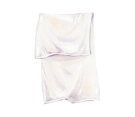 White clean bed linen hanging to dry on a clothesline in rustic countryside style, hand washed laundry on white background. Cozy rural home scene for farmhouse decor, watercolor illustration