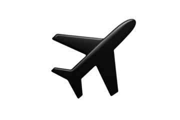 Black airplane icon representing air travel and global transportation, modern 3d illustration on transparent background