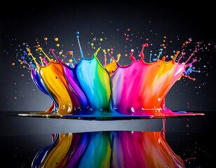 Vivid, colorful paint splash in mid-air, dark mirrored background