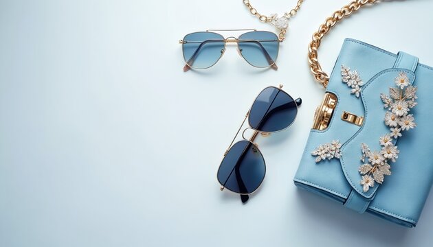 Light blue leather handbag with floral gem embellishments rests near aviator sunglasses. Gold chain necklace with charm sits nearby. Accessories arranged on white surface.