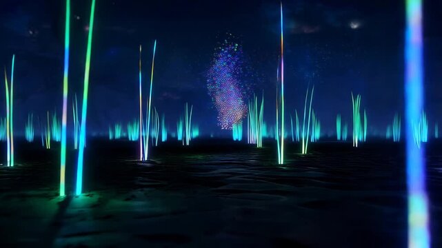 Abstract colorful night rainbow with glowing waves and digital lines