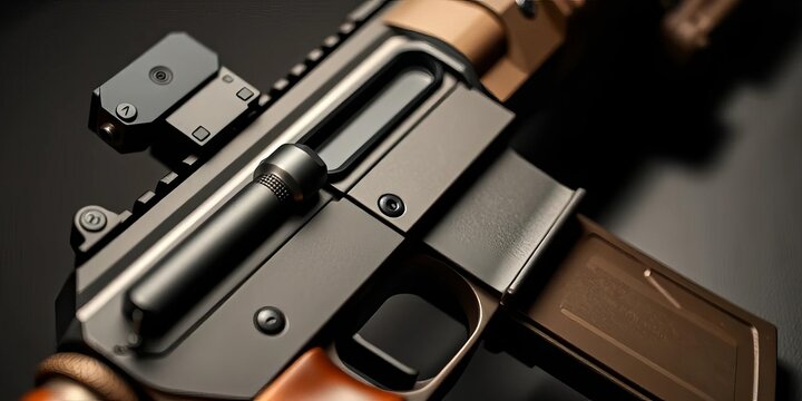 Close-up of modern assault rifle, details of barrel, stock, and magazine,   small arms,   military equipment