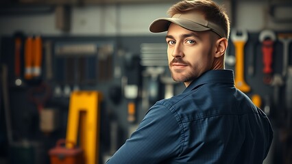 A skilled maintenance technician in uniform, with tools visible in the background.