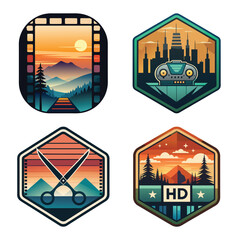 Creative Media Editing Graphic Set with Film Strip Mountain View, City Technology Badge, Video Editing Scissors over Sunset Mountains, and HD High Definition Nature Emblem Collage
