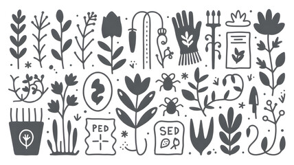 Gardening icons in minimalist style with monochrome color scheme on white background for web design