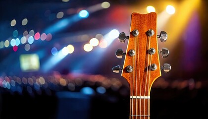 Acoustic Guitar Headstock on Concert Stage, Acoustic Guitar Headstock with Colorful Stage Lights, Live Music Performance Acoustic Guitar Headstock Background