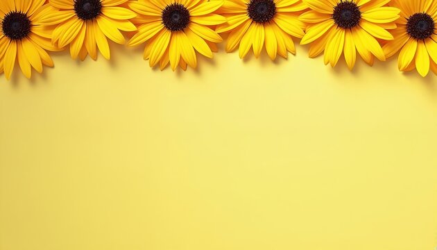 Row of yellow daisy flowers at top border, on plain yellow background. Empty space below for text, design, or copy. Bright, cheerful floral arrangement, simple composition.