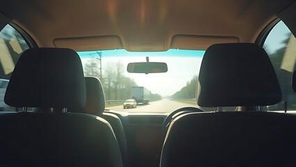 Rear window view of a car interior bathed in warm sunlight, with empty seats and softly blurred passing scenery.