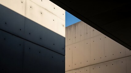 Geometric abstraction with light and shadow on textured concrete architecture