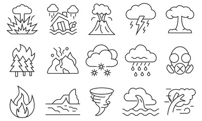 Natural disasters icon. Outline icon of natural disaster such as volcano, virus, flood, Tornado, fire, rain, pollution,  explosion, lightning, climate, storm, thunder and more. Vector illustration.