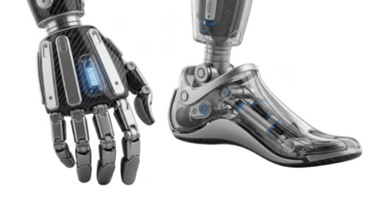 Coordinated bionic hand and foot prosthesis set with transparent housings, carbon fiber panels and glowing blue modules, showcasing unified high performance full‑limb reconstruction technology

