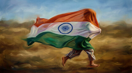 Oil painting art of a child fully covered in a Indian Tricolor flag running covered with big large flag in a motion blur, also the flag forming a child's body inside.