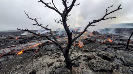 Volcanic ash on black burning rock and minerals on earth, and flowing Hot lava above it, a burnt tree with burnt spread branches. Volcanic destruction landscape scene.