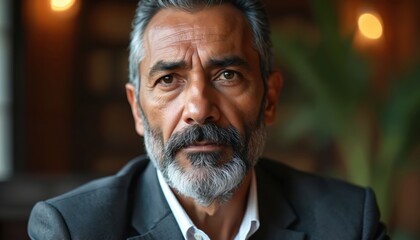Mature indian man looks serious in suit. Businessman with beard shows confidence and wisdom. His gaze is intense, suggesting authority and deep thought. He wears fine attire.