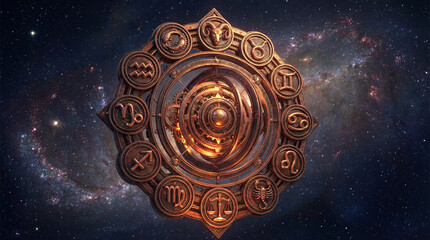 Highly detailed 3D Zodiac all signs together in a circular and angular way, looking beautiful on the sky night stars background. The zodiac signs look and feel same color with light and shade.