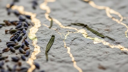 Close-up view of lavender buds and leaves on a textured surface with gold lines
