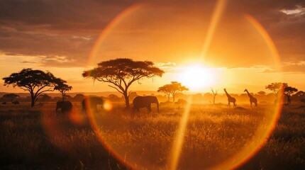 African savanna at sunset featuring giraffes elephants and acacia trees in silhouette