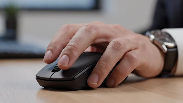 Close-up of a hand using a modern wireless mouse on a wooden desk symbolizing digital work technology productivity and online business in an office setting