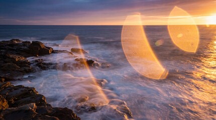 Golden hour seascape with dramatic lens flares and crashing waves on rocky shore