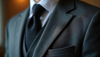 Close-up view of a man wearing a dark gray tailored suit jacket, white dress shirt, and black patterned tie. The lapel detail shows fine fabric texture and a subtle sheen.
