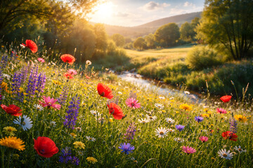 Flowery Meadow Bliss: A picturesque meadow bursts with a vibrant tapestry of wildflowers, gently caressed by sunlight, alongside a peaceful creek, inviting viewers to revel in its tranquil beauty.