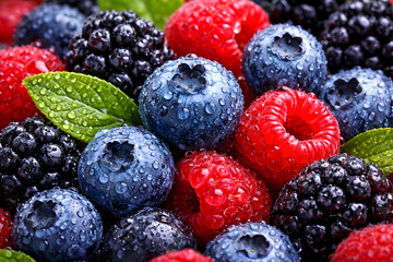Berry Burst: A vibrant composition of fresh, succulent berries, glistening with tiny droplets of moisture, showcasing a delightful array of textures and colors