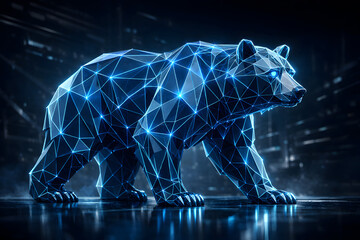 Digital Bear: A futuristic representation of a bear, rendered in a striking digital style, symbolizes the dynamic interplay of technology, finance and investment in a complex world. 