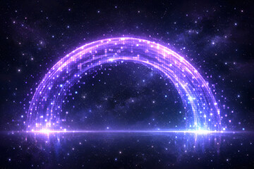 Celestial Arc: A mesmerizing arc of light, interwoven with glowing particles, gracefully arches across a vast cosmic canvas, its brilliance mirroring in a reflective surface below. 