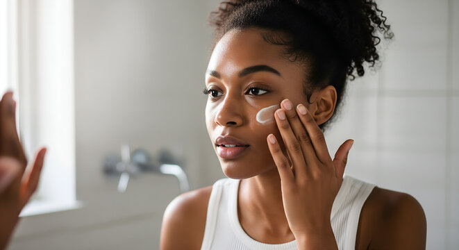 African American woman applying face cream with vitiligo skin in natural light - Powered by Adobe
