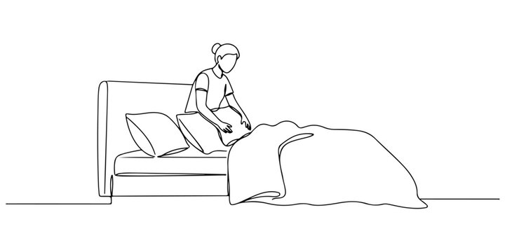 Continuous one line drawing of a person tidying a bed and fluffing pillows, symbolizing comfort and care, line art style vector illustration.